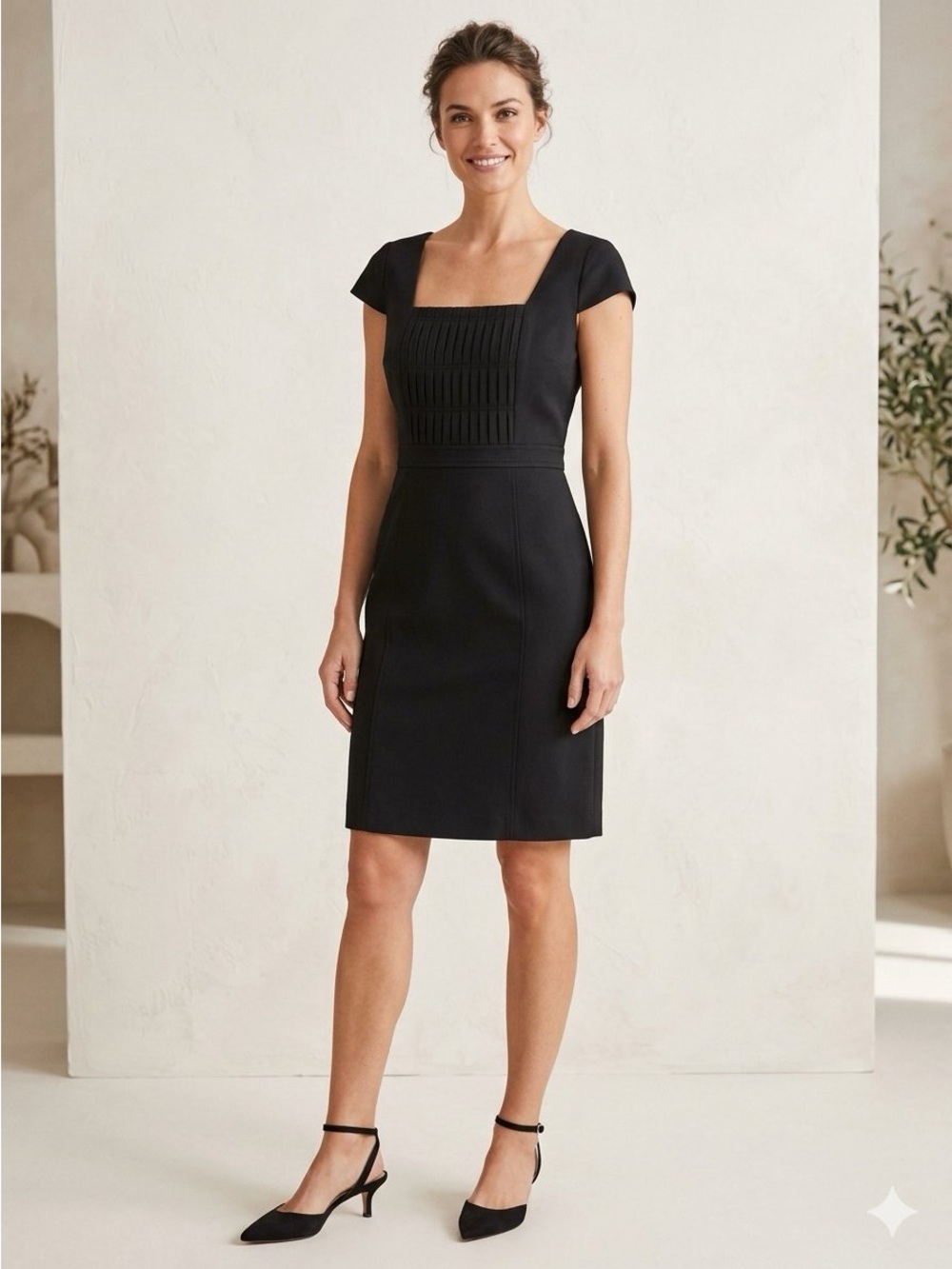 Ann Taylor Black Square Neck Pleated Bodice Cap Sleeve Sheath Dress Size 6